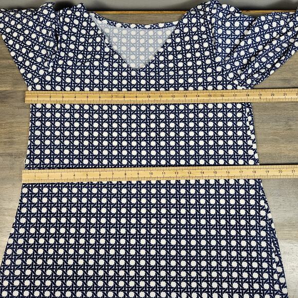 Leota Womens Midi Dress V Back Geometric Print Blue/White Size Medium Tie Waist - Picture 7 of 7